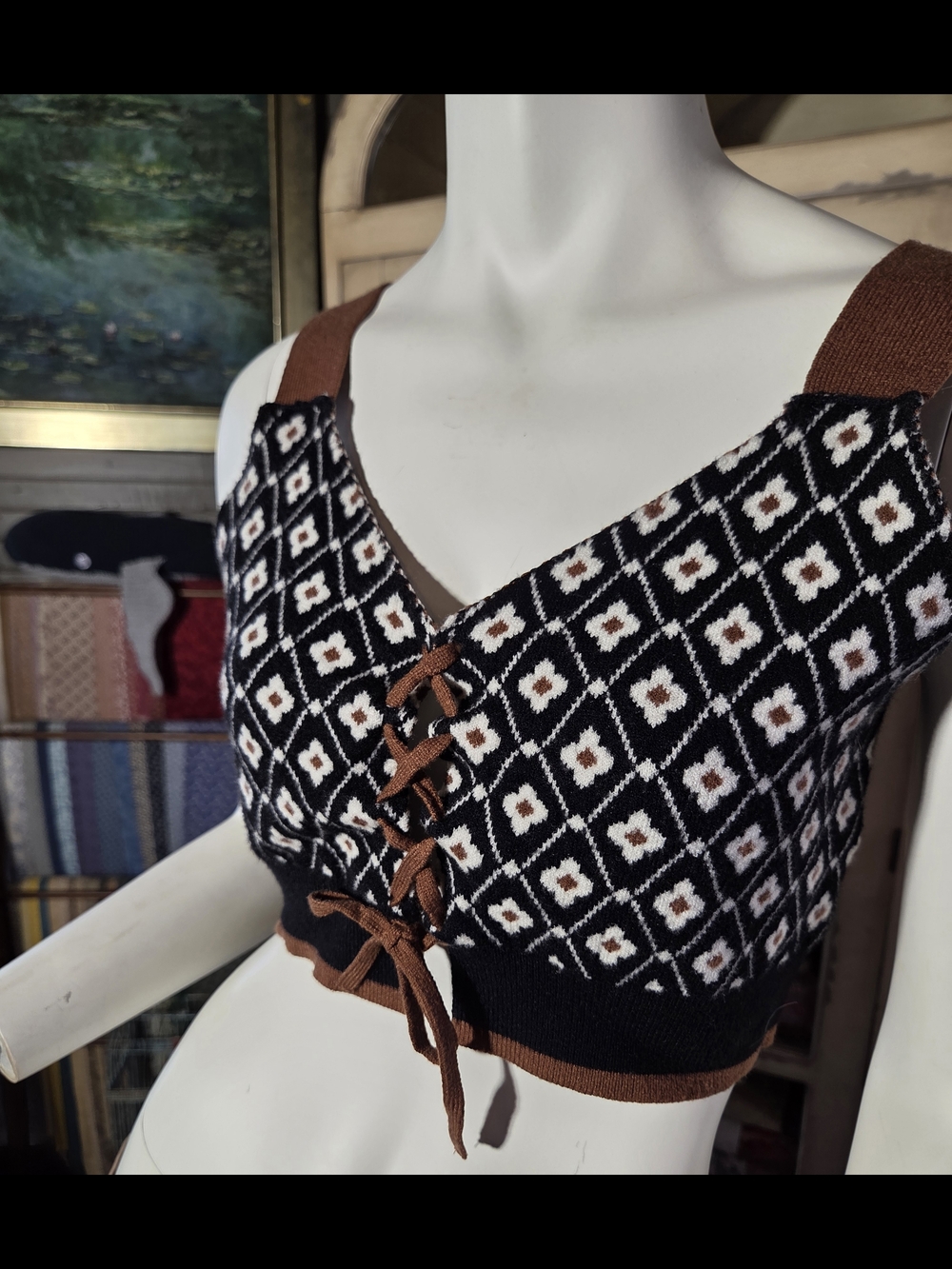 Geometric Lace-Up Knit Crop Top in Black and Brown
